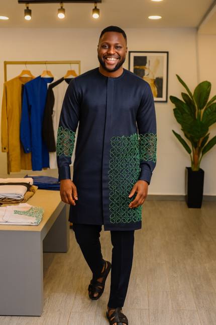 Navy Blue African Senator Wear With Stone Pattern