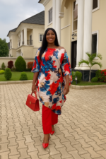 Handmade African Kaftan Tunic Set: Floral Print Ankara Top & Red Pants - Image 2