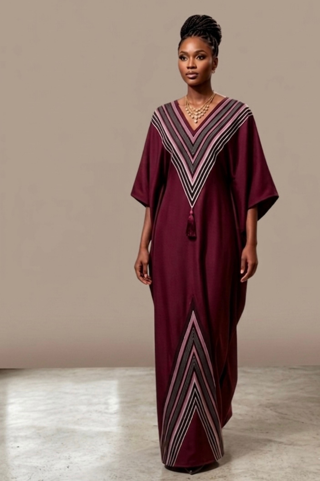 Nora Root General Photo (780 x 900 px) - 2 Elegant Maroon Free Size Kaftan Dress with Chevron Stripe Detail - Image 1