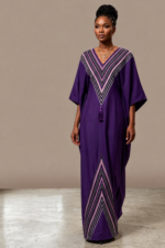 Elegant Maroon Free Size Kaftan Dress with Chevron Stripe Detail - Image 5