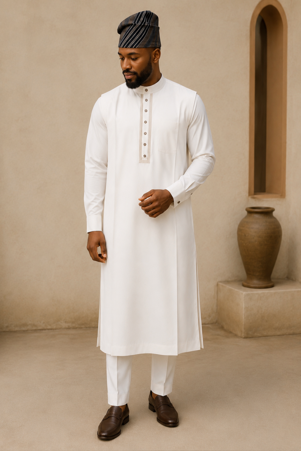 Nora Root General Photo (780 x 900 px) - 5 Men’s 3-Piece Sleeveless Robe-Kaftan Set with Matching Hat - Image 1