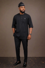 Luxury 3-Piece Black Short Agbada & Senator Suit Set - Image 2