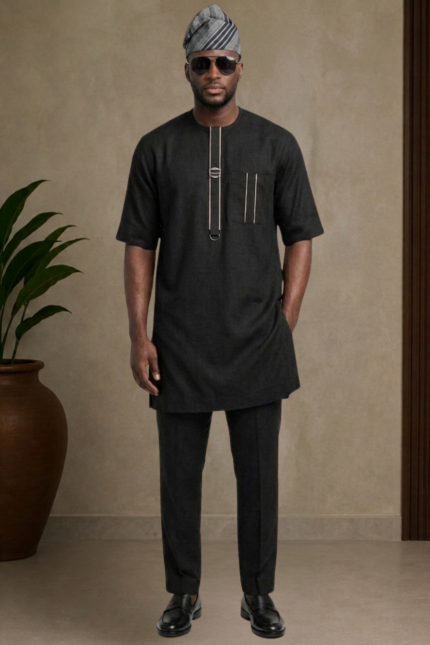 Senegalese Tunics Set | Men's Black Kaftan Suit