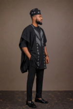 Luxury 3-Piece Black Short Agbada & Senator Suit Set - Image 3