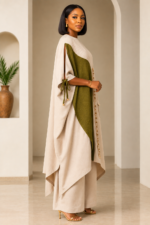Uwabun Olive Luxe Architectural Kaftan Set – Free Size Contemporary Nigerian Women’s Outfit - Image 3