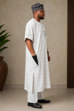 Free Size Modern Nigerian Senator Set – Pinstripe Kaftan & Trousers with Signature Pocket Detail - Image 2