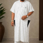 Free Size Modern Nigerian Senator Set – Pinstripe Kaftan & Trousers with Signature Pocket Detail