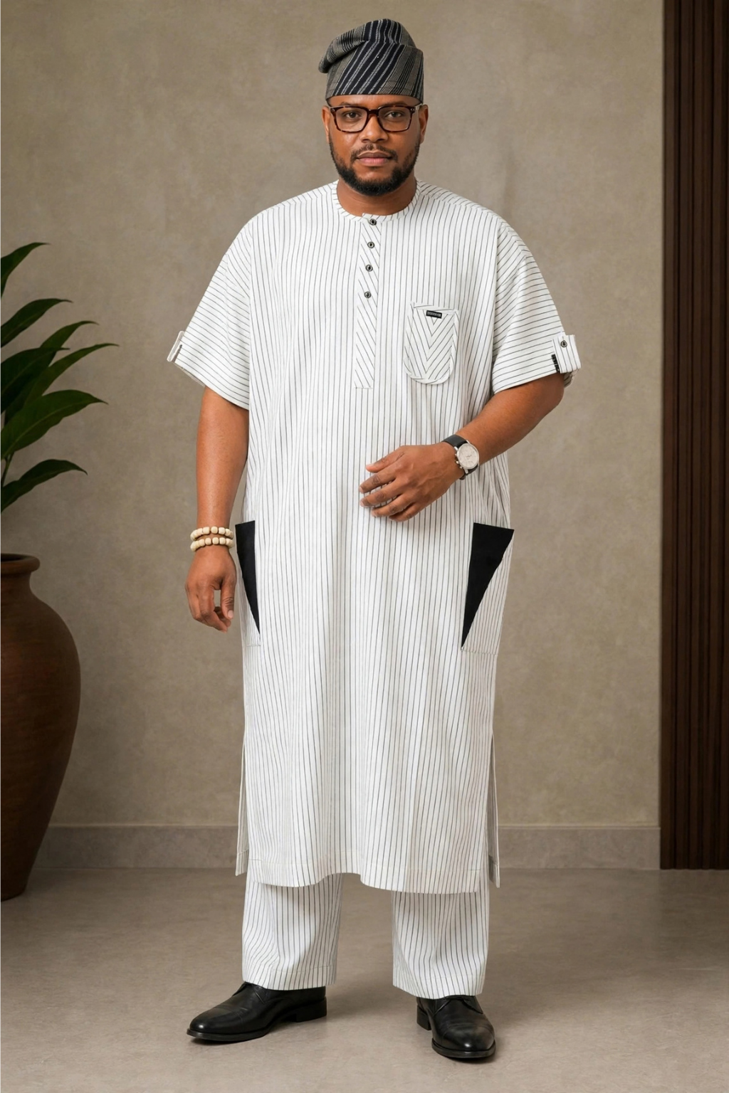 Nora Root General Photo (780 x 900 px) - 2 Free Size Modern Nigerian Senator Set – Pinstripe Kaftan & Trousers with Signature Pocket Detail - Image 1